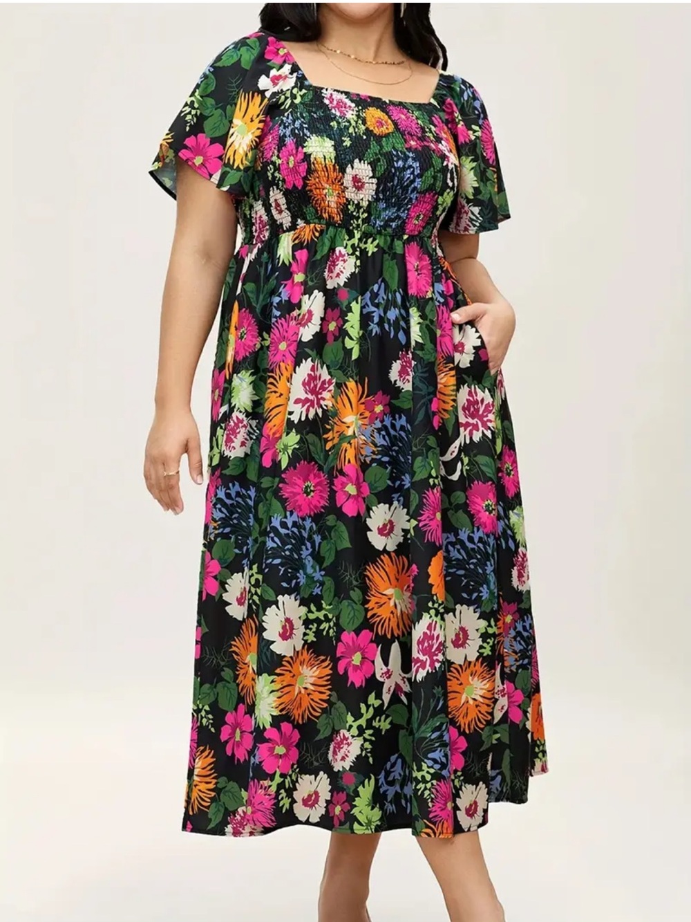 BloomChic Black Floral Smocked Midi Dress with Bright Blooms